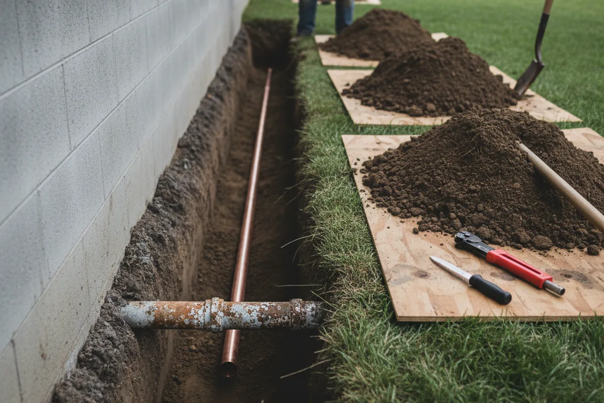 Excavated water line trench during Water Heater Repair in Valley